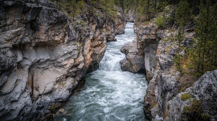 Obraz premium River flows through rocky canyon in natural landscape under clear sky, showcasing dramatic geological features