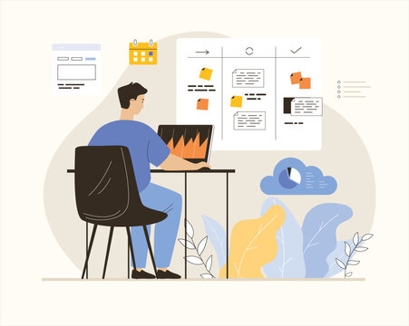 Digital business concept. Man analyzing financial data, earning money and planning targets. Flat vector illustration.