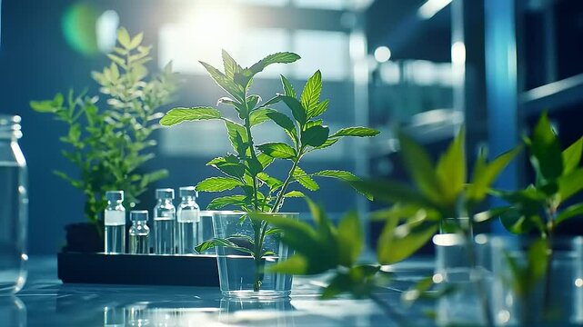 Fresh green plants in laboratory setting with glass vials and bright sunlight illuminating background