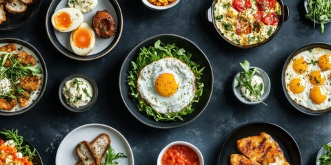 Colorful variety of delicious breakfast dishes arranged on dark table with fresh ingredients and vibrant colors in morning light