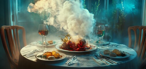 Mysterious dinner scene with smoky food, wine glasses, and elegant table setting.  A dramatic, fantasy-like image.