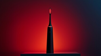 Fototapeta premium Electric toothbrush standing on a pedestal radiating a striking red light in a darkened room