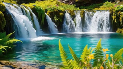 Obraz premium Enchanting waterfall flowing into tranquil lake amidst flourishing forest foliage and natural beauty