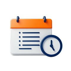 3D Calendar with Clock Icon, Orange and Blue, transparent background. Deadline.