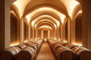 Elegant wine cellar, arched vaulted ceilings, warm lighting.  Rows of wooden barrels