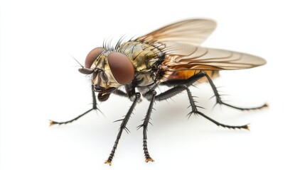 Close-up of a fly resting on a white surface highlighting its detailed anatomy and coloration