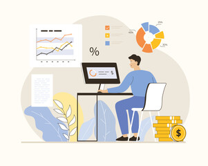 Digital business concept. Man analysis virtual data. Management, planning, strategy development online. Flat vector illustration.