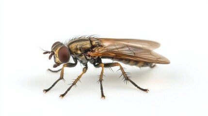 Fototapeta premium Close-up view of a fly showcasing its intricate features against a white background in a studio setting