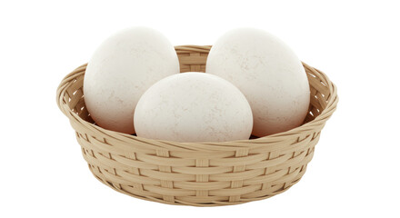 Isolated Three White Eggs in Woven Basket