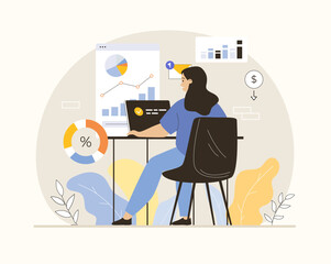 Digital business concept. Woman analyze virtual data. Management, planning, strategy development online. Flat vector illustration.