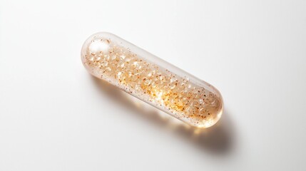 Unique transparent capsule filled with golden flecks, showcasing modern supplement design and intricate details