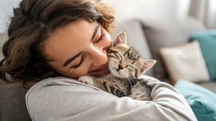 lovingly hugs a sleepy kitten