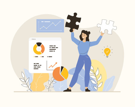 Digital business concept. Woman putting together puzzles. Management, planning, analysis, strategy development online. Flat vector illustration.