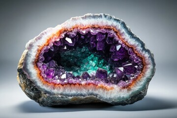 Close-up of a stunning amethyst geode with purple and teal crystals, showcasing its natural beauty and intricate formations.
