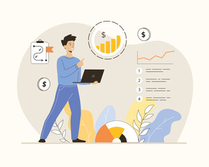 Digital business concept. Man analyze virtual data. Management, creating development strategy and invests. Flat vector illustration.