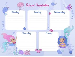 Vector template of weekly schedule for school children with mermaids and fishes. School timetable. Cute mermaids with fishes in the underwater world. Vector illustration