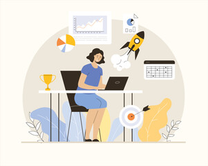 Startup business concept. Woman launching rocket, starting new company. Creative ideas. Flat vector illustration.