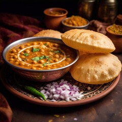 A dish of chole bhature with spicy chickpea curry and fluffy deep-fried bread 3