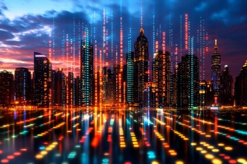 Fototapeta premium A bustling modern cityscape at dawn. Generative AI