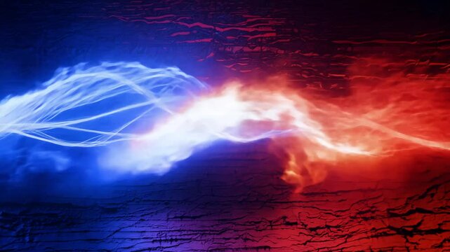 Tracking video, high contrast lighting, blue shadows, violent collision, blue and red light trails, light weaving, crashing, vibrant intersections, dynamic flows, fire elements, dark surface