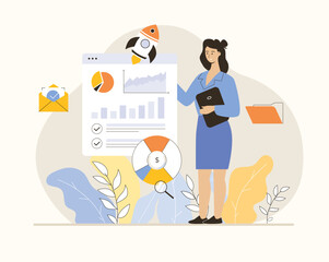 Startup business concept. Woman finding ideas and solutions for startup launch and development. Flat vector illustration.