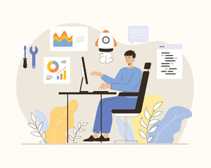 Startup business concept. Man planning strategy, discussing idea, launching startup. Flat vector illustration.