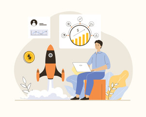 Startup business concept. Man working at laptop, launch startup, develops new company, analysis data and income profit. Flat vector illustration.