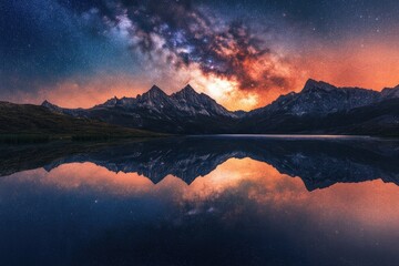A stunning mountain range reflects perfectly in a still lake under a vibrant, star-filled night sky with Milky Way.