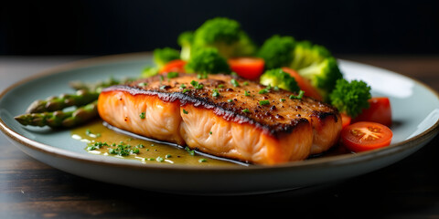 Roasted salmon steak with asparagos broccoli carrot tomatoes on gray plate against dark background