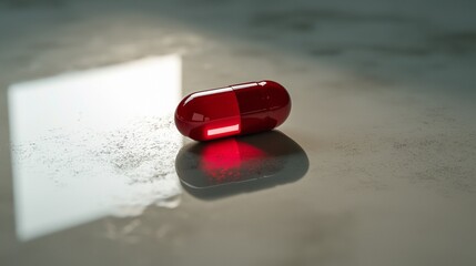 Red capsule resting on a reflective surface, casting a soft shadow in a well-lit environment