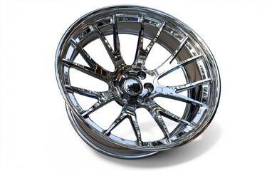 High-quality chrome alloy wheel showcasing intricate design and reflective surface in a studio setting