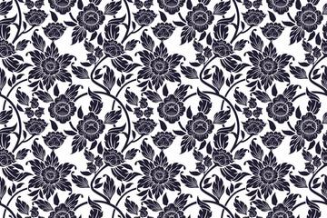 seamless floral pattern bold blue colored in damask style motifs suitable for wallpaper, curtain, cloth, textile, tile and fabric design isolated over white colored background.