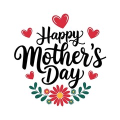 Obraz premium Cute Mother's Day Card Vector Style Cursive Text, Red Hearts, and Floral Bouquet Design
