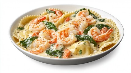 Shrimp and spinach ravioli served in creamy sauce for a delicious meal