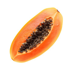 Slice of ripe papaya showcasing vibrant orange flesh and seeds against a clean transparent background for fresh culinary use, slice ripe papaya isolated on transparent background