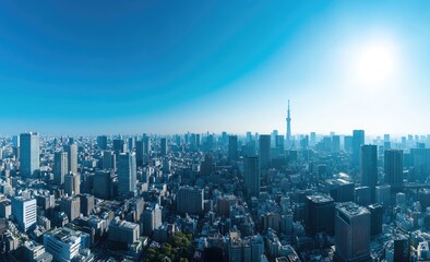 Panoramic view of a bustling city skyline. Dense urban landscape under a vibrant blue sky