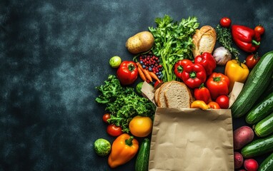 Fresh produce and bread in a paper bag.  A colorful assortment of vegetables and loaves of bread spilling from a brown paper bag on a dark background