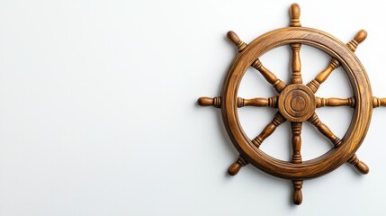 Classic wooden ship's wheel displayed against a plain background, symbolizing maritime adventure and navigation