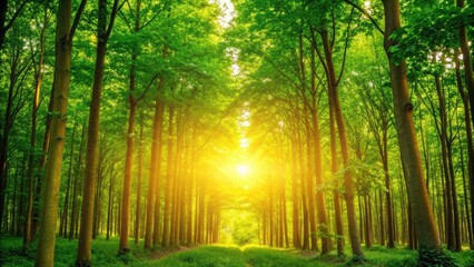 Obraz premium Lush green forest with sunlight filtering through the trees creating a serene and natural atmosphere