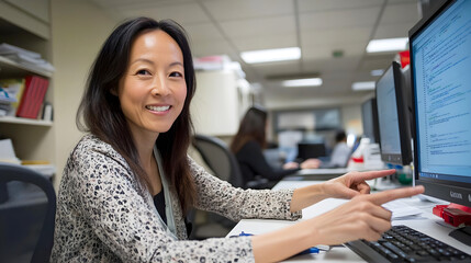 Smiling asian woman pointing at computer screen with code in modern office environment. Close-up