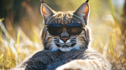 Obraz premium Cool Wildcat in Sunglasses in Grassy Meadow