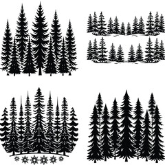 Obraz premium Evergreen Silhouette: Four artful representations of evergreen trees, each with a distinct design, offering a graphic, silhouette aesthetic.Pine tree silhouettes. Evergreen forest firs and spruces bla