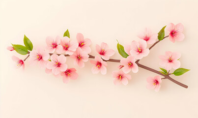 Delicate Cherry Blossom Branch with Bright Pink Petals and Green Leaves