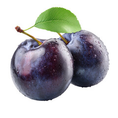 Obraz premium Two fresh prunes with a green leaf isolated on a clean transparent background for healthy snack ideas, Fresh Prune isolated on transparent background