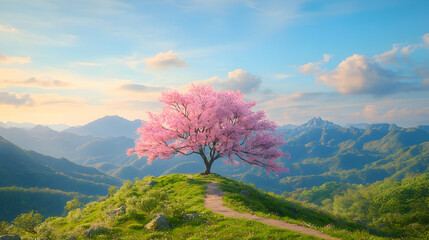 Elevated Path Through Blooming Cherry Trees in Serene Forest Landscape