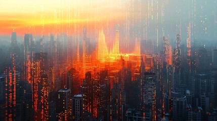 Fototapeta premium Futuristic Cityscape at Sunset Digital Art A Vibrant Metropolis with Glowing Towers and Data Streams