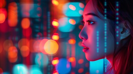 Fototapeta premium Young Woman's Profile Illuminated by Vibrant Neon Lights Cityscape Background