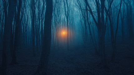 Naklejka premium The evening misty spooky forest background with horror Halloween decorated conceptual.Spooky Halloween misty foggy forest.Happy Halloween creepy nature mist fantasy