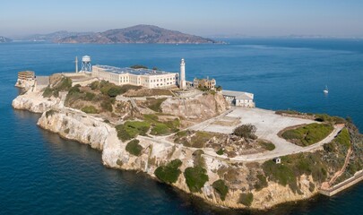 Aerial view of Alcatraz Island, a former prison, in San Francisco Bay, California, USA. The island...