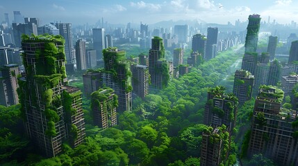 Obraz premium Nature Reclaiming the City Overgrown Skyscrapers and Lush Greenery